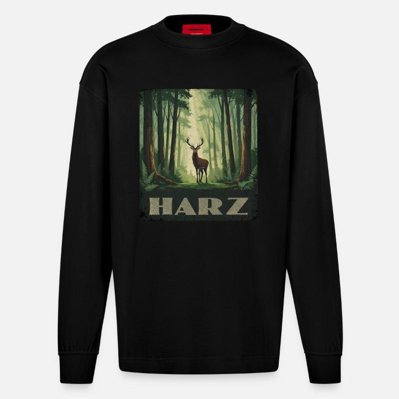Harz Wald und Hirsch - Heavyweight Oversized Organic Langarmshirt Made in EU - SOLID BLACK
