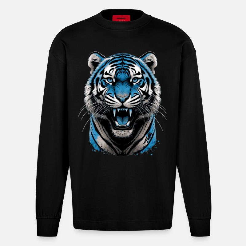 Blauer Tiger 💙 - Heavyweight Oversized Organic Langarmshirt Made in EU - SOLID BLACK
