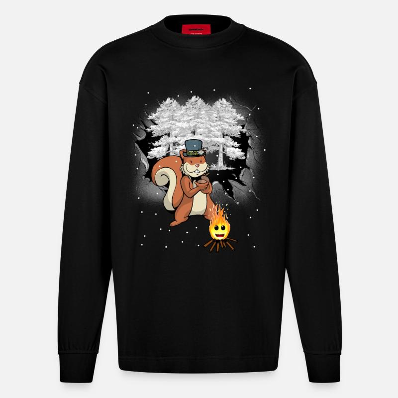 Winter Wald Eichhörnchen Kinder - Heavyweight Oversized Organic Langarmshirt Made in EU - SOLID BLACK