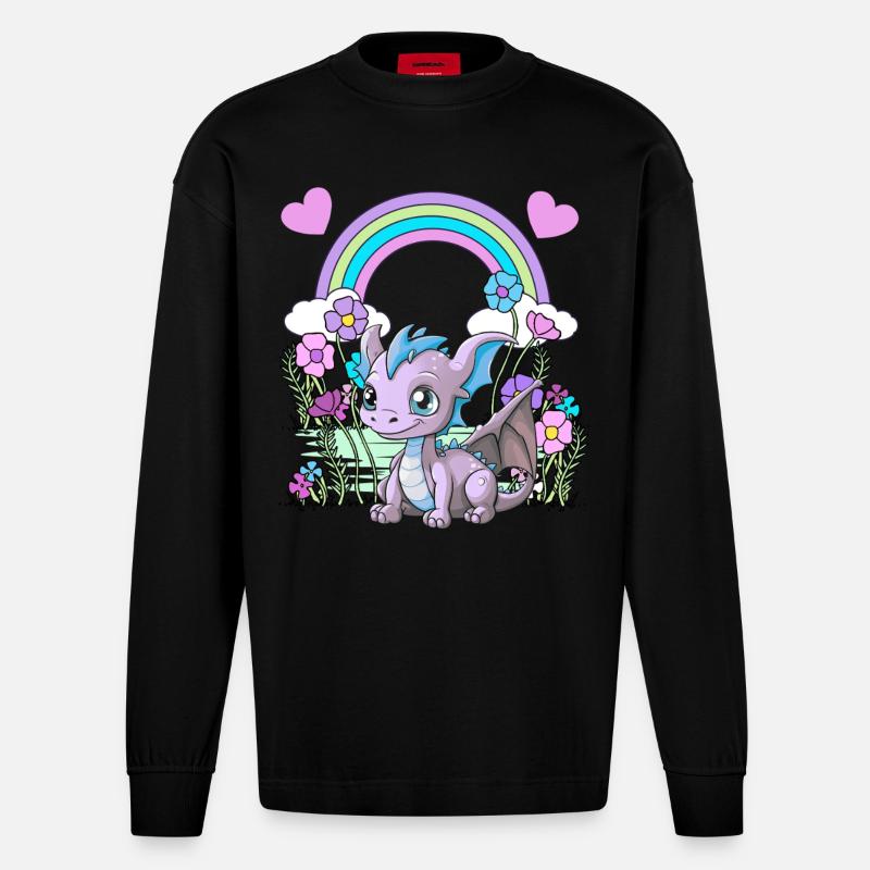 Drache Drachen Kinder Kind Regenbogen - Heavyweight Oversized Organic Langarmshirt Made in EU - SOLID BLACK