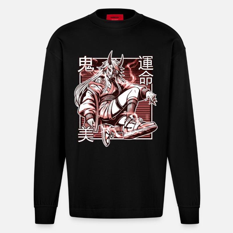 Roter Kunoichi-Dämon - Heavyweight Oversized Organic Langarmshirt Made in EU - SOLID BLACK