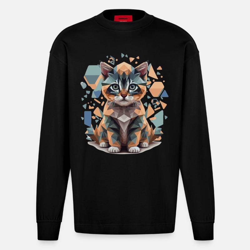 Polygon Katze Low-Poly - Heavyweight Oversized Organic Langarmshirt Made in EU - SOLID BLACK