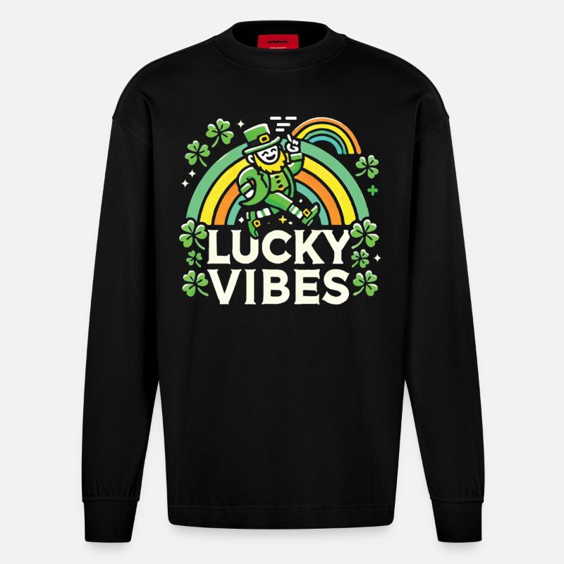 Saint-Patrick Lucky Vibes Arc-en-ciel - Manches longues bio épais oversize fabriqué en UE - SOLID BLACK