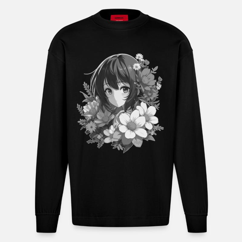 Mädchen mit Blumen 🌸 - 2 - Heavyweight Oversized Organic Langarmshirt Made in EU - SOLID BLACK