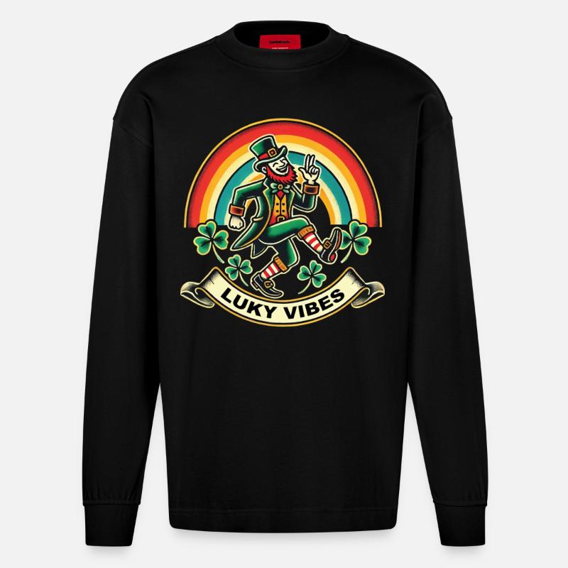 Luky Vibes pour la Saint-Patrick - Manches longues bio épais oversize fabriqué en UE - SOLID BLACK