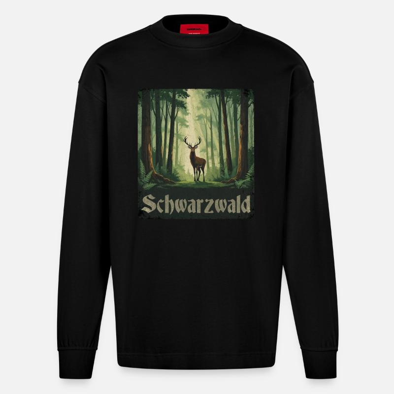 Forêt-Noire avec cerfs - Manches longues bio épais oversize fabriqué en UE - SOLID BLACK