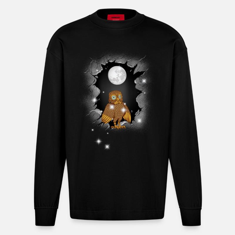 Eule Eulen Mond - Heavyweight Oversized Organic Langarmshirt Made in EU - SOLID BLACK