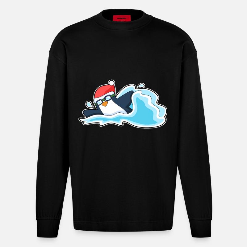 Pingouin Noël baignade - Manches longues bio épais oversize fabriqué en UE - SOLID BLACK