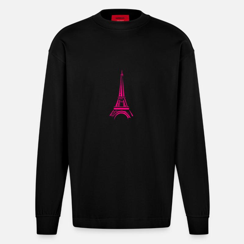Rosa Eiffelturm - Heavyweight Oversized Organic Langarmshirt Made in EU - SOLID BLACK