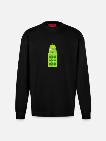 Retro Green Tower Clock - Heavyweight Oversized Organic Longsleeve Shirt Made in EU - SOLID BLACK