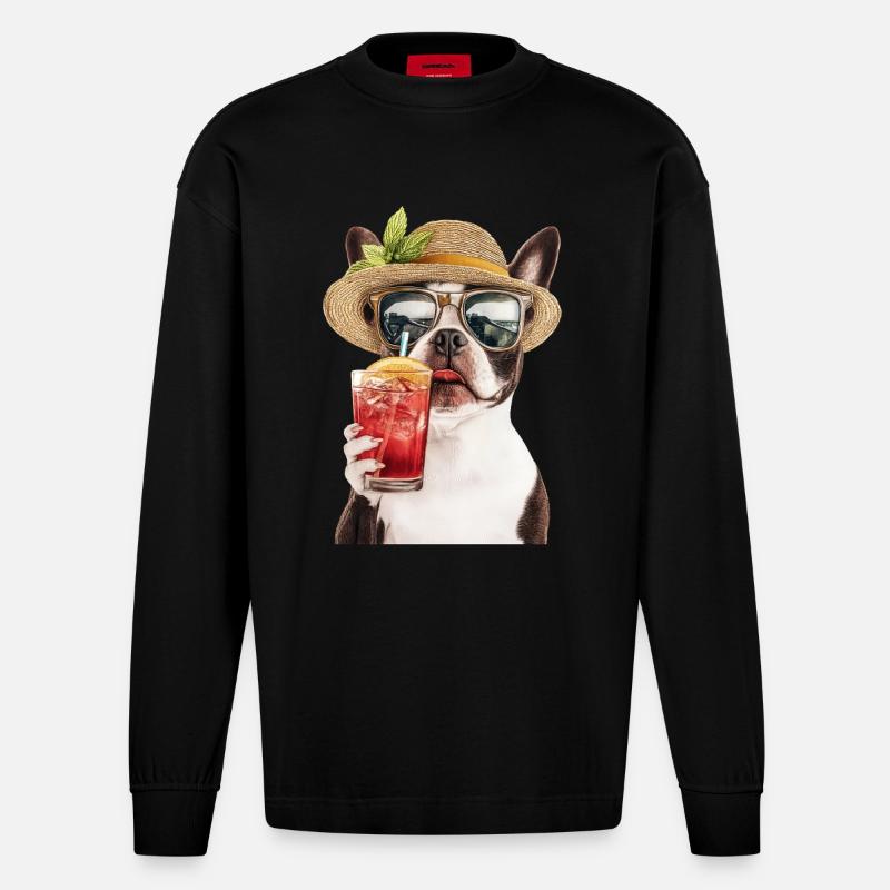 Boston Pitbull Terrier - Heavyweight Oversized Organic Langarmshirt Made in EU - SOLID BLACK