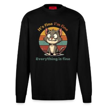 Cat - It's fine - I'm fine - Everything is fine - Heavyweight Oversized Organic Longsleeve Shirt Made in EU - SOLID BLACK - Front