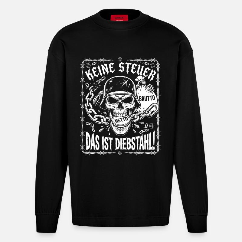 Pas d’impôt. C’est du vol, crâne - Manches longues bio épais oversize fabriqué en UE - SOLID BLACK