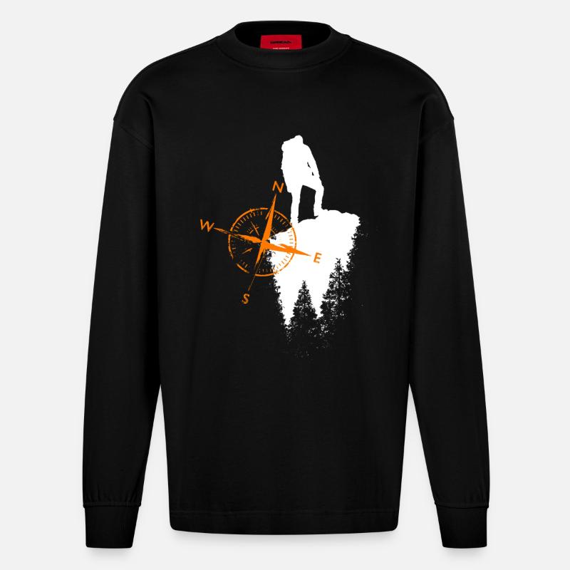 Motif de vagabond avec compa - Manches longues bio épais oversize fabriqué en UE - SOLID BLACK