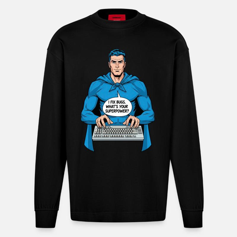 Superheld: Ich fixiere Bugs! - Heavyweight Oversized Organic Langarmshirt Made in EU - SOLID BLACK