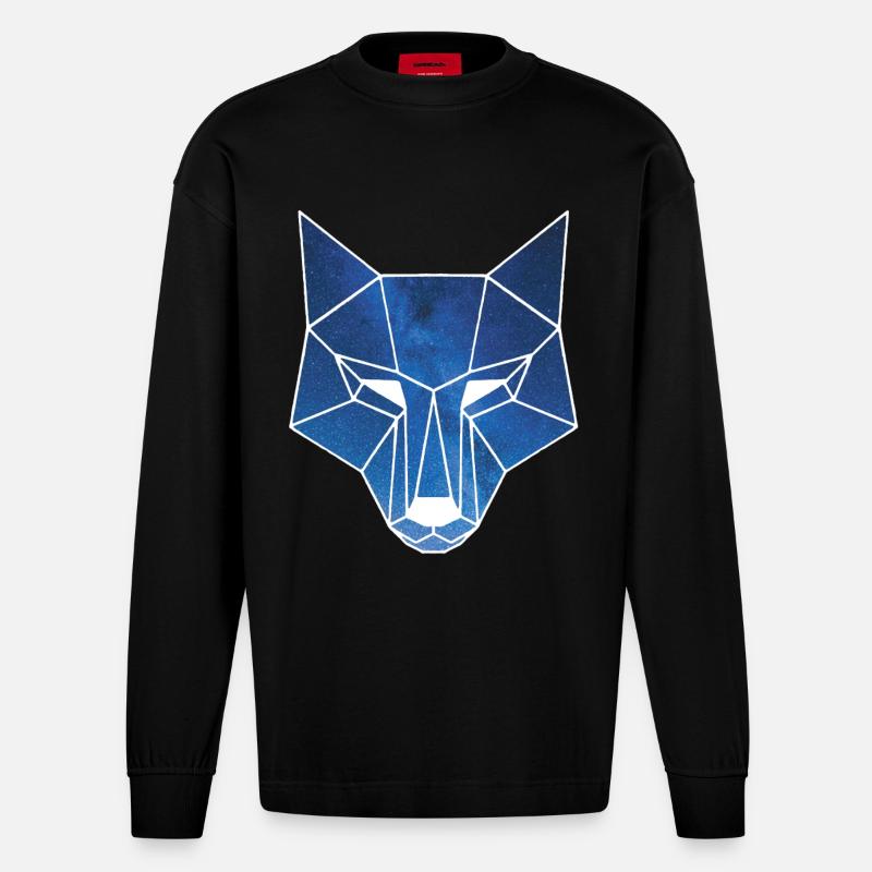 Weißer Wolf und Sternenhimmel - Heavyweight Oversized Organic Langarmshirt Made in EU - SOLID BLACK