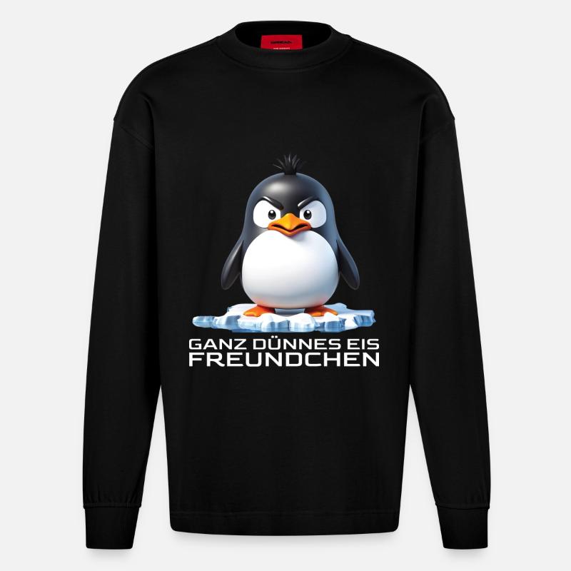 Ganz dünnes Eis Freundchen Pinguin - Heavyweight Oversized Organic Langarmshirt Made in EU - SOLID BLACK