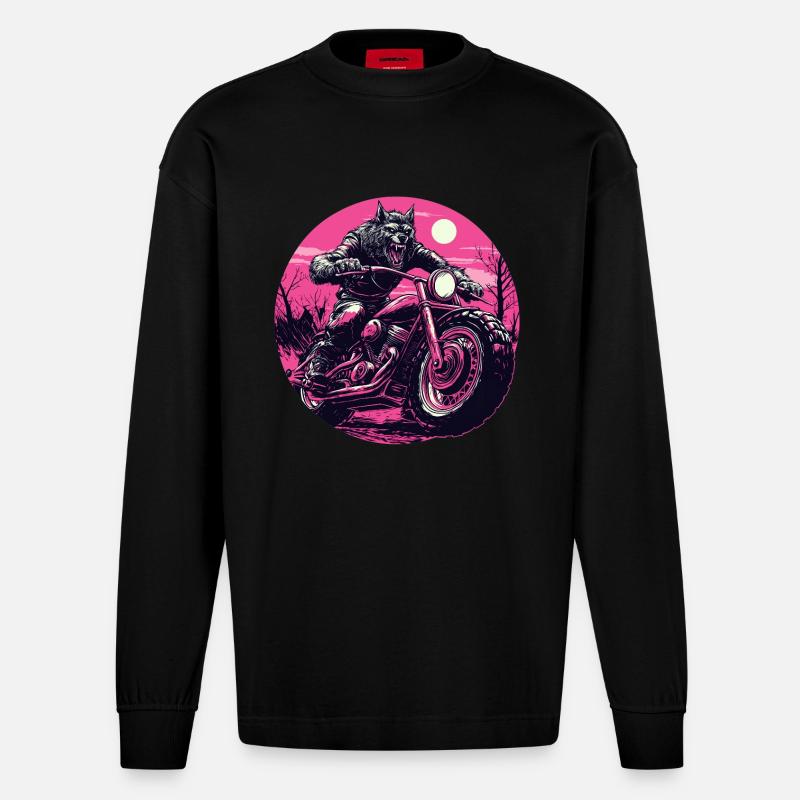 Werwolf auf Motorrad Neonpink - Heavyweight Oversized Organic Langarmshirt Made in EU - SOLID BLACK