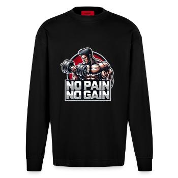 NO PAIN - NO GAIN - FITNESS - MOTIVATION - MOTTO - Heavyweight Oversized Organic Longsleeve Shirt Made in EU - SOLID BLACK - Front