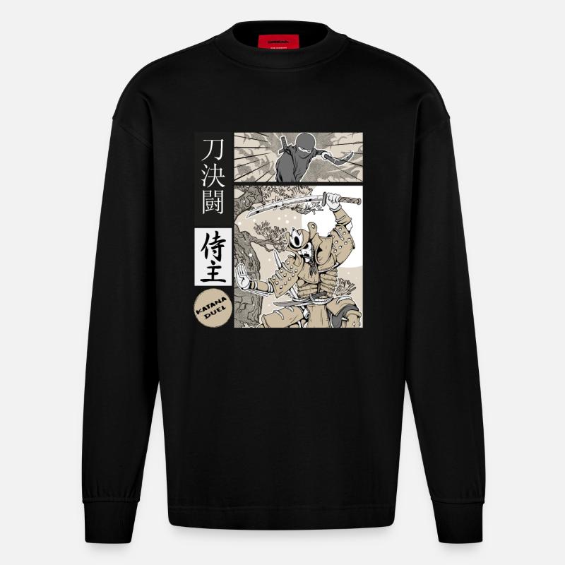 samurai katana Duell vs ninja - Heavyweight Oversized Organic Langarmshirt Made in EU - SOLID BLACK