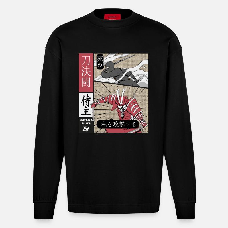 Katana Duell Ninja vs Samurai - Heavyweight Oversized Organic Langarmshirt Made in EU - SOLID BLACK