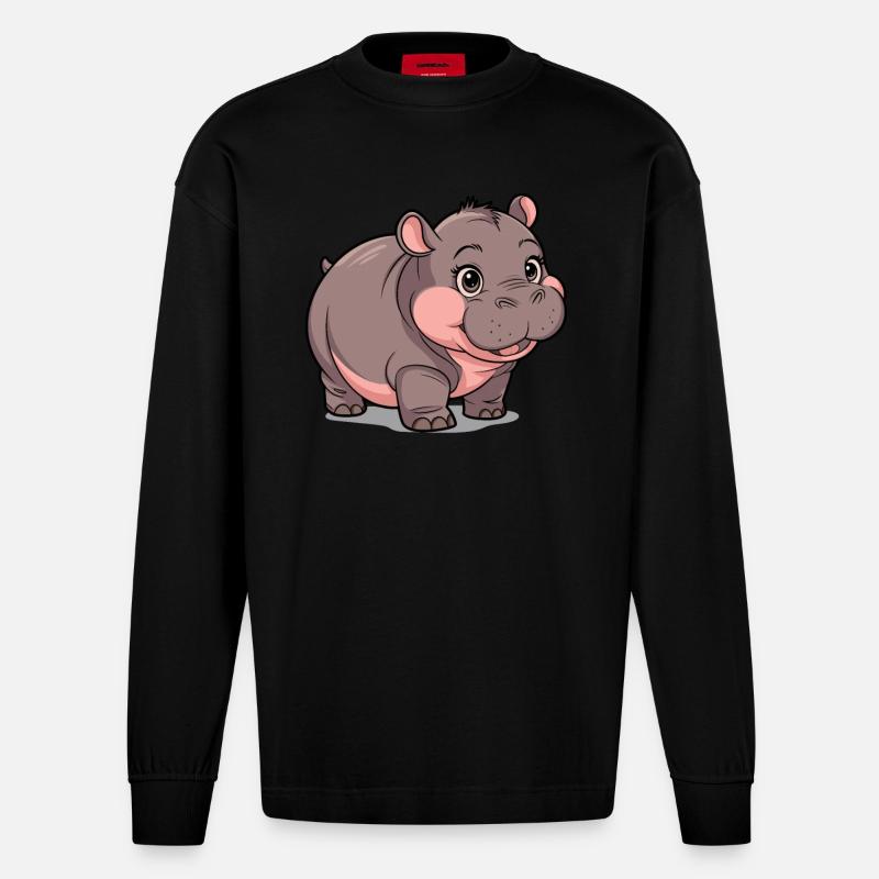 Moo Deng Nilpferd Hippopotame - Manches longues bio épais oversize fabriqué en UE - SOLID BLACK