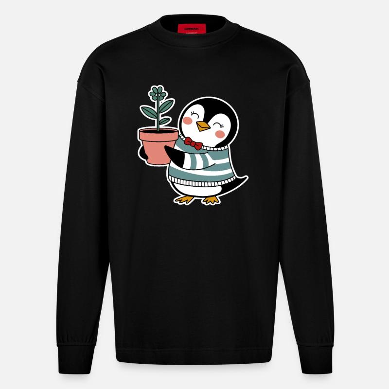 Jardinier pingouin joyeux avec fleur - Manches longues bio épais oversize fabriqué en UE - SOLID BLACK