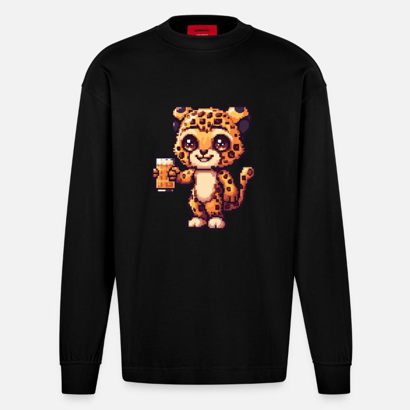 Leopard Pixel Bier - Heavyweight Oversized Organic Langarmshirt Made in EU - SOLID BLACK