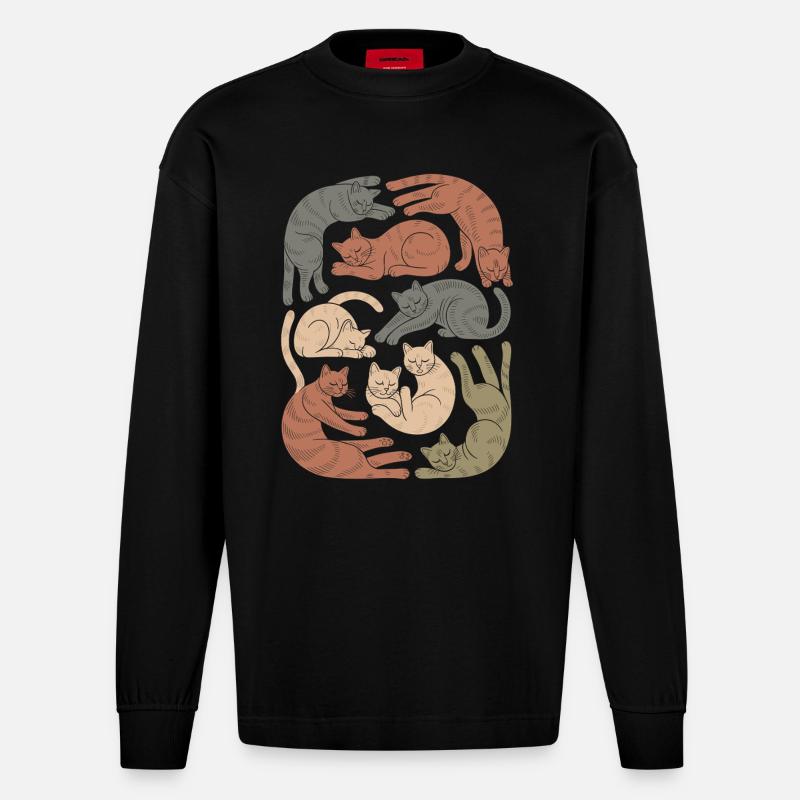 Relaxed Boho Cat Pattern - Heavyweight Oversized Organic Longsleeve Shirt Made in EU - SOLID BLACK