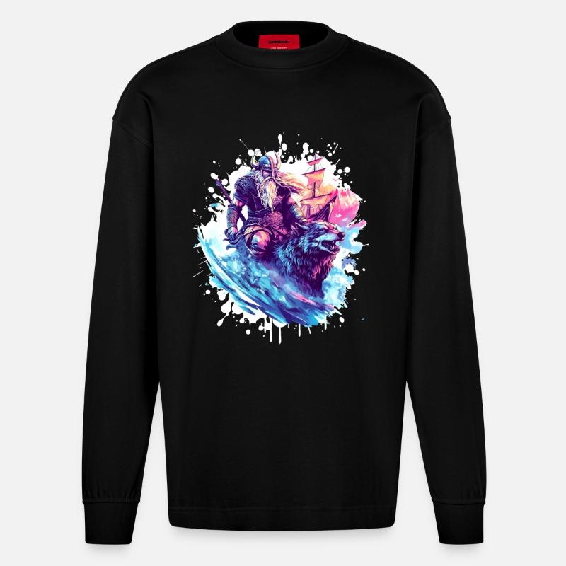 Viking Wolf Warrior Valhalla - Heavyweight Oversized Organic Longsleeve Shirt Made in EU - SOLID BLACK