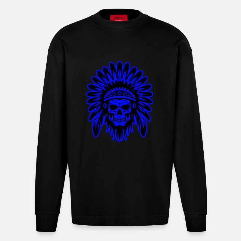 Apache Totenkopf Indianer - Heavyweight Oversized Organic Langarmshirt Made in EU - SOLID BLACK