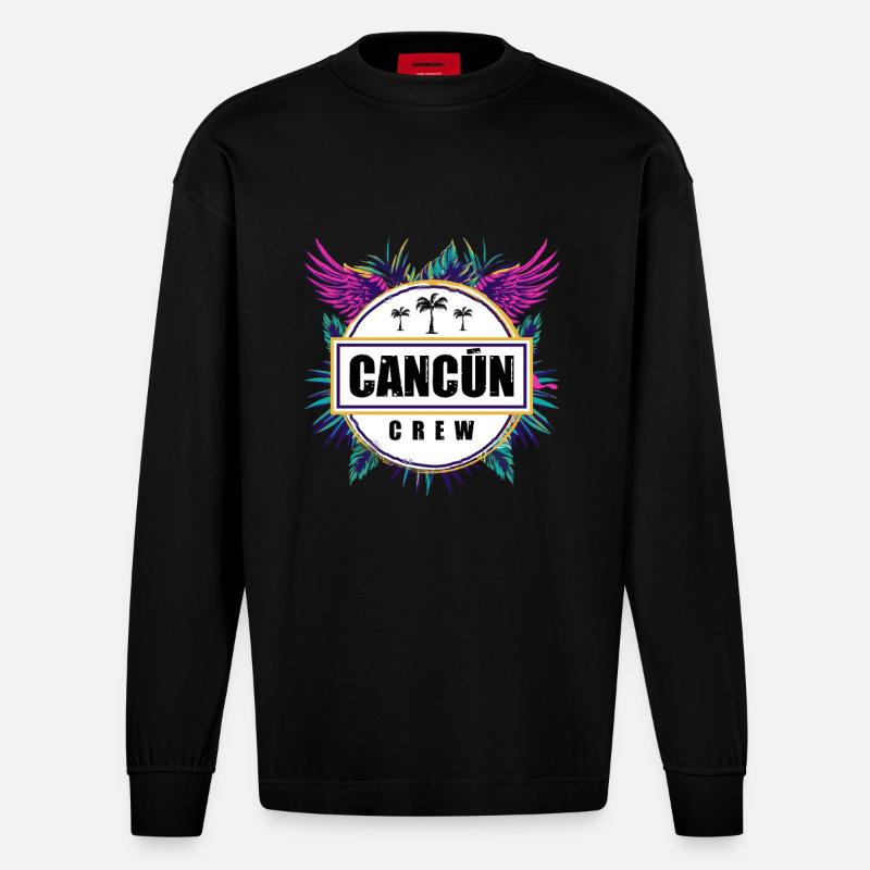 Cancun Crew Tropisch - Heavyweight Oversized Organic Langarmshirt Made in EU - SOLID BLACK