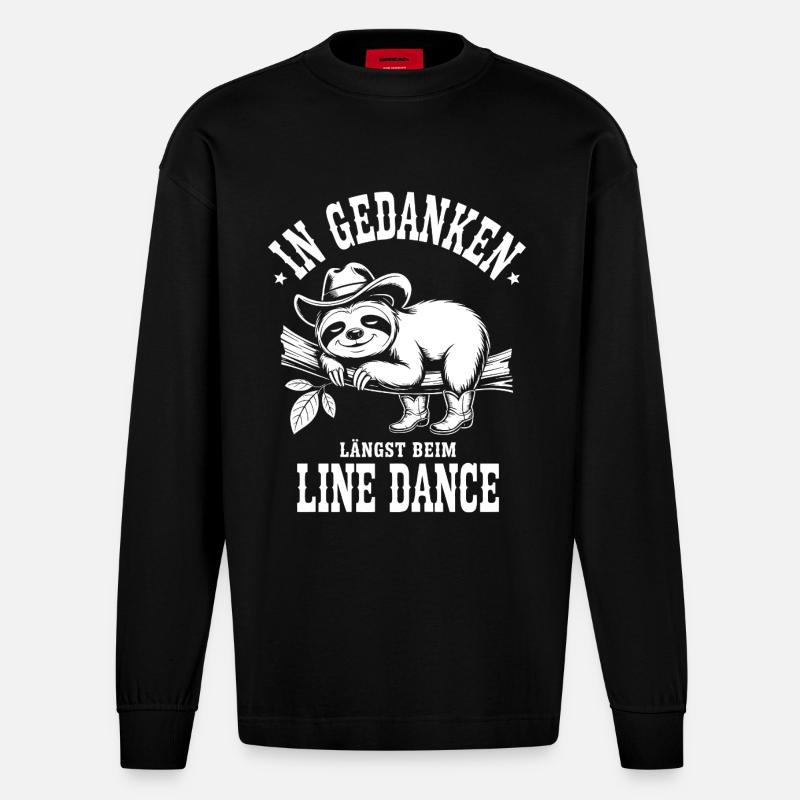 Faultier Line Dance Gedanken - Heavyweight Oversized Organic Langarmshirt Made in EU - SOLID BLACK