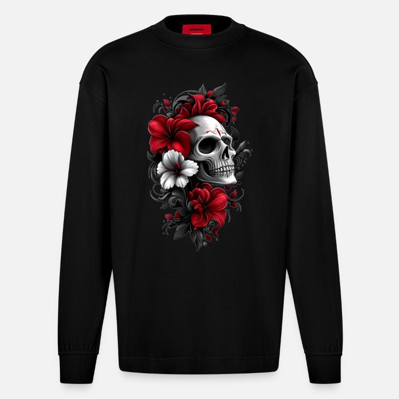 Totenkopf mit Blüten - Heavyweight Oversized Organic Langarmshirt Made in EU - SOLID BLACK
