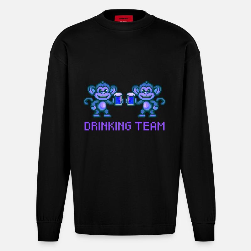 Affe Drinking Team Bier Party - Heavyweight Oversized Organic Langarmshirt Made in EU - SOLID BLACK