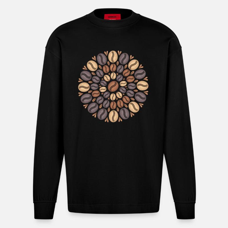 Kaffee Boho Mandala Kaffeebohnen Muster - Heavyweight Oversized Organic Langarmshirt Made in EU - SOLID BLACK