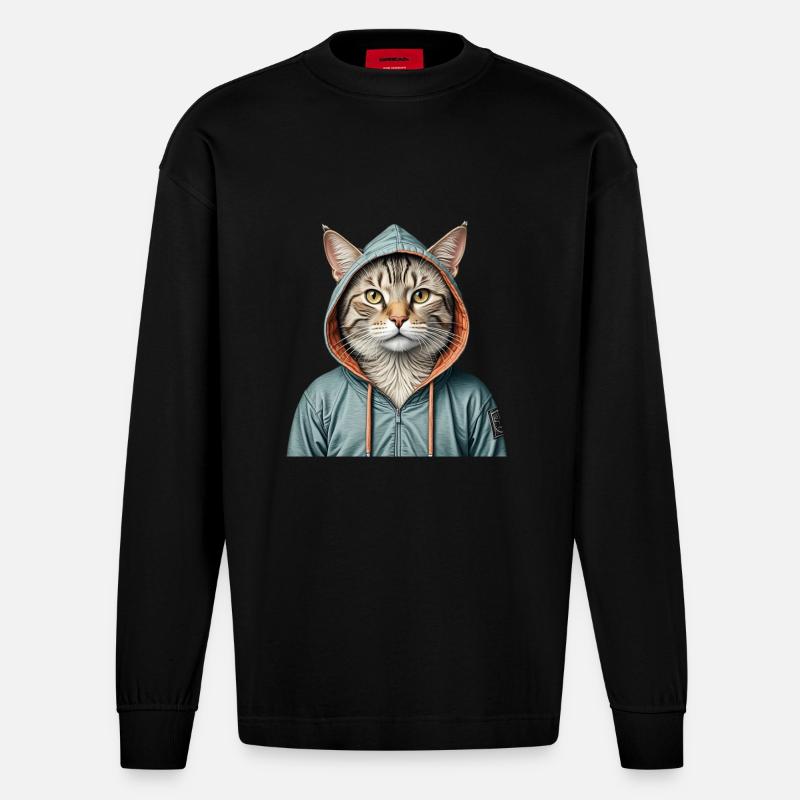 Katze trägt eine Jacke - Heavyweight Oversized Organic Langarmshirt Made in EU - SOLID BLACK