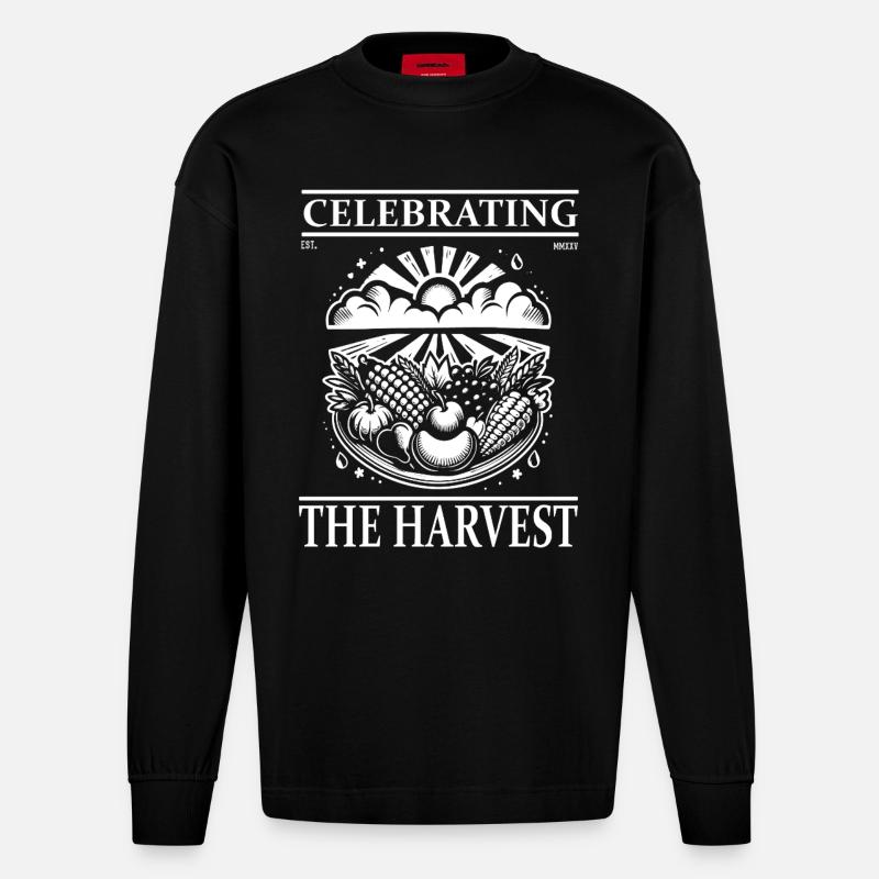 Erntedank Design – Celebrating the Harvest - Heavyweight Oversized Organic Langarmshirt Made in EU - SOLID BLACK