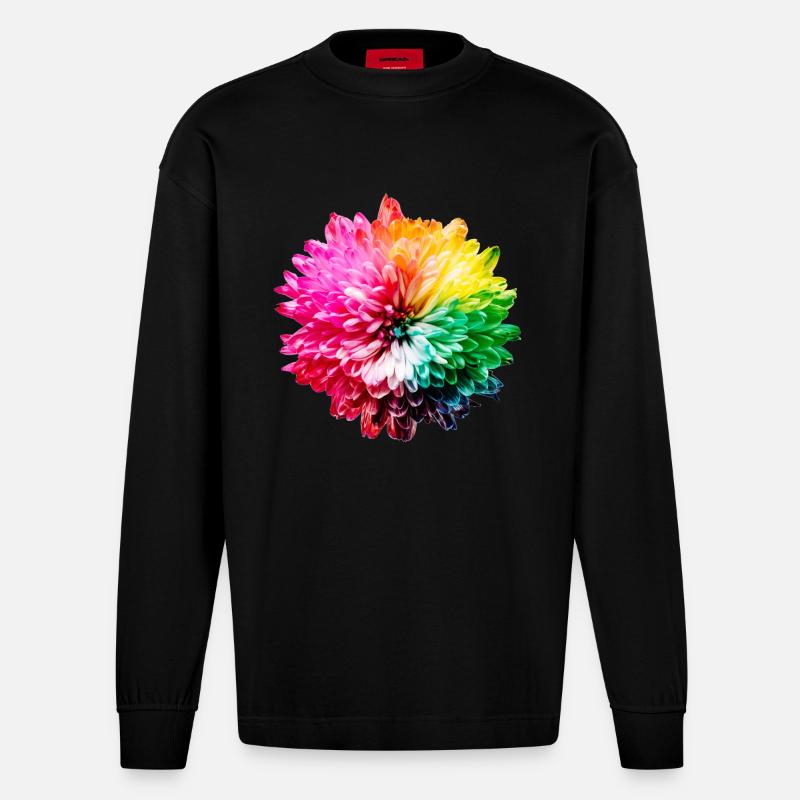 Chrysantheme Regenbogen - Heavyweight Oversized Organic Langarmshirt Made in EU - SOLID BLACK