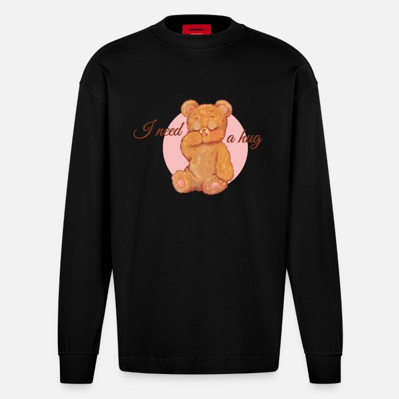 I need a hug - teddy - Heavyweight Oversized Organic Langarmshirt Made in EU - SOLID BLACK