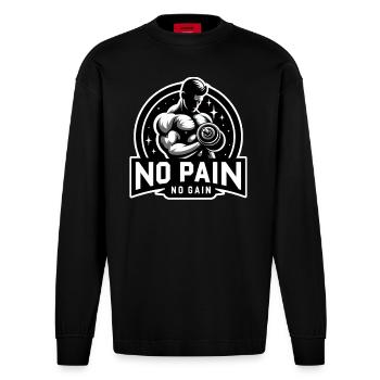 NO PAIN - NO GAİN - FITNESS - MOTIVATION - MOTTO - Heavyweight Oversized Organic Longsleeve Shirt Made in EU - SOLID BLACK - Front