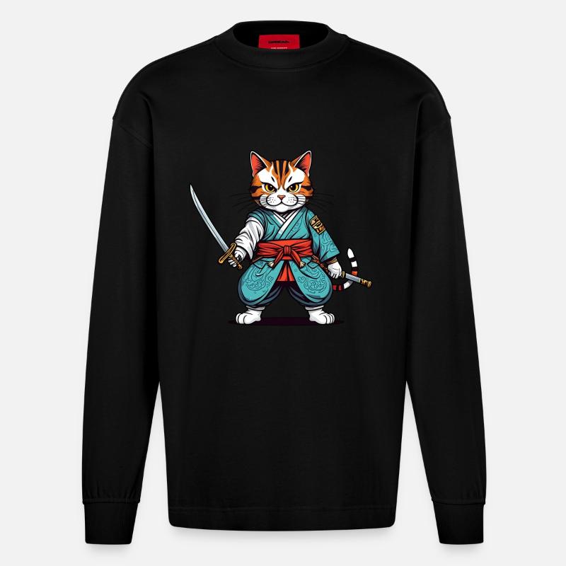 Samurai-Katze - Heavyweight Oversized Organic Langarmshirt Made in EU - SOLID BLACK