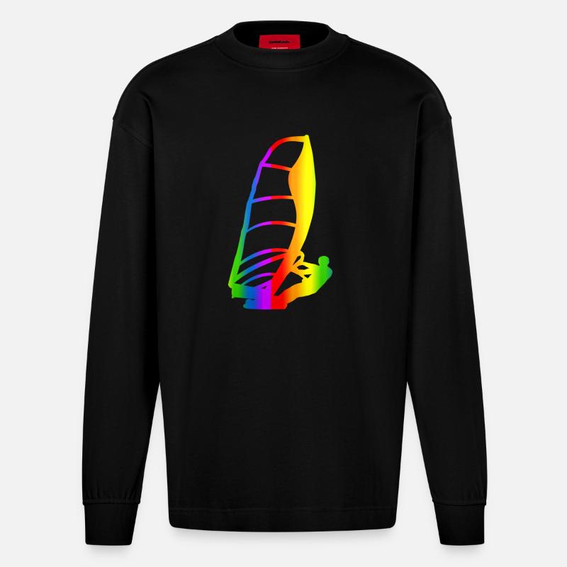 Bunter Windsurfen Regenbogen - Heavyweight Oversized Organic Langarmshirt Made in EU - SOLID BLACK