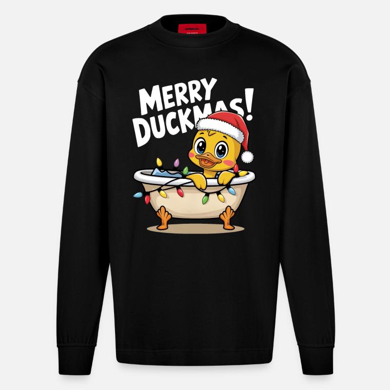 Ente Weihnachten Weihnachtspullover Merry Duckmas - Heavyweight Oversized Organic Langarmshirt Made in EU - SOLID BLACK