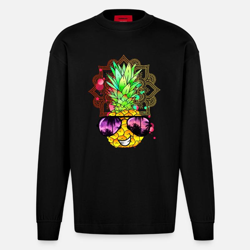 Mandala à l’ananas - Manches longues bio épais oversize fabriqué en UE - SOLID BLACK