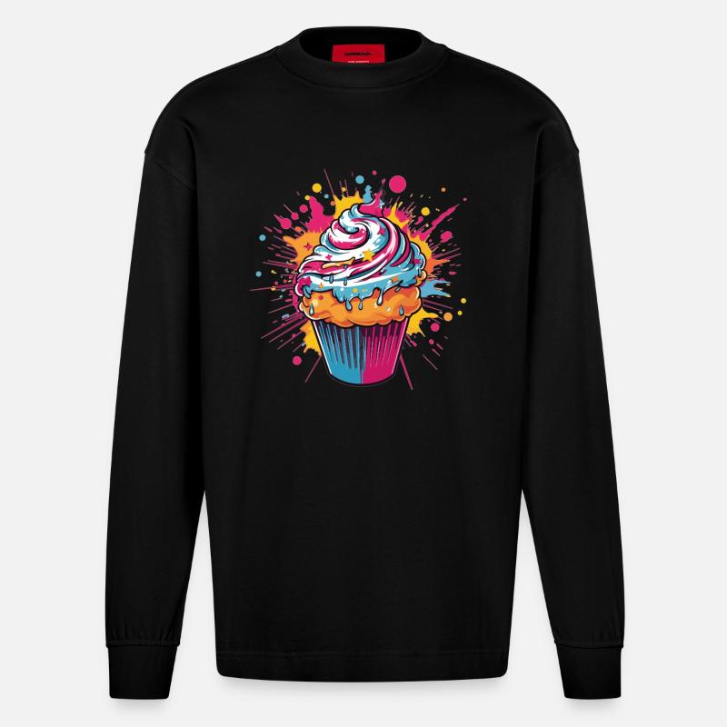 Farbexplosion Cupcake - Heavyweight Oversized Organic Langarmshirt Made in EU - SOLID BLACK