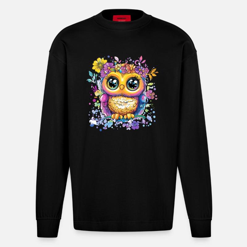 Bunte Eule mit Blüten - Heavyweight Oversized Organic Langarmshirt Made in EU - SOLID BLACK