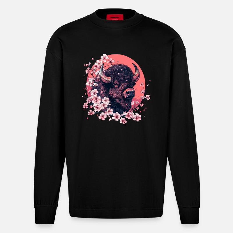 Bison mit Kirschblüten - Heavyweight Oversized Organic Langarmshirt Made in EU - SOLID BLACK