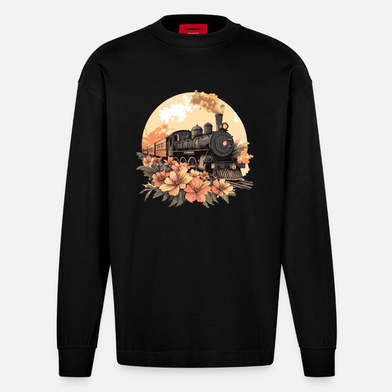 Nostalgischer Zug mit Blumen - Heavyweight Oversized Organic Langarmshirt Made in EU - SOLID BLACK