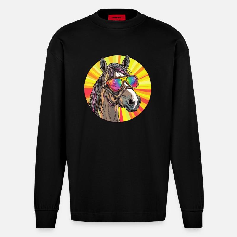 Pferd mit Sonnenbrille - Heavyweight Oversized Organic Langarmshirt Made in EU - SOLID BLACK